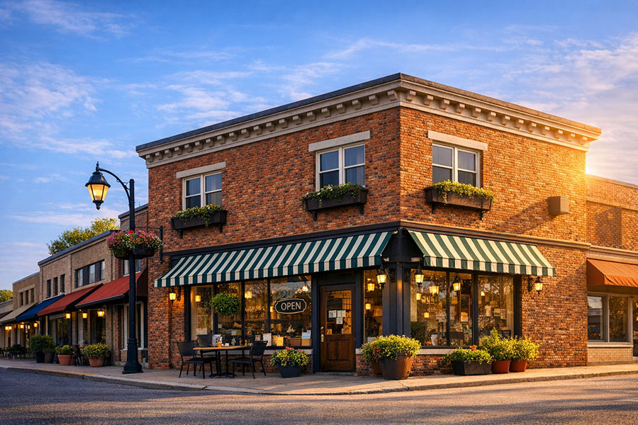 Landscape photo of a two‑story mixed‑use commercial building with a red brick exterior. The ground floor features a small café or shop with a green‑and‑white striped awning, large glass windows, and an “OPEN” sign on the door. Outdoor seating with tables, chairs, and flower planters sits on the sidewalk. The upper level has two residential windows with flower boxes. A vintage street lamp with hanging flowers stands nearby, and the scene is warmly lit by late‑afternoon sunlight.