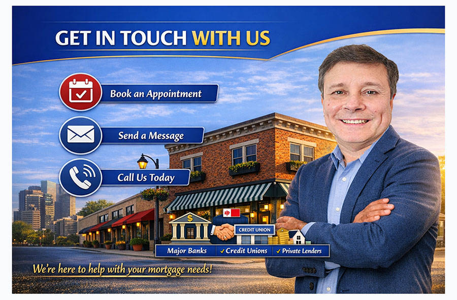 Digital banner showing contact options for a mortgage agent in Ontario. The left side displays icons for booking an appointment, sending a message, and calling. The right side features a professional mortgage agent smiling confidently in front of a suburban neighborhood background. Text reads “Get in Touch With Us” and “We’re here to help with your mortgage needs!”