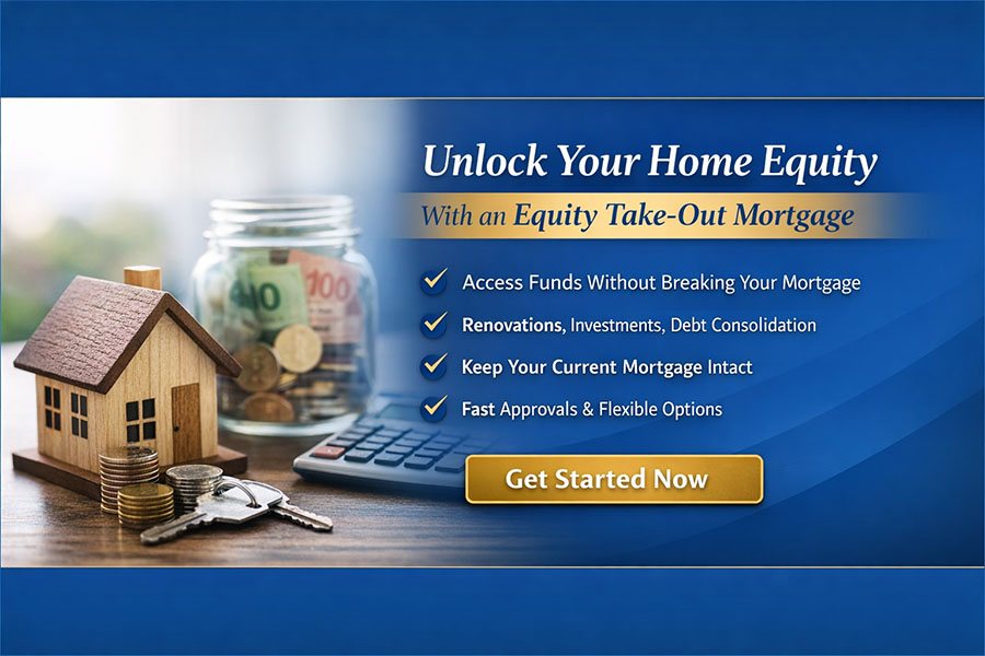 Digital banner promoting an Equity Take‑Out Mortgage. The image shows a small wooden house model beside a glass jar filled with Canadian banknotes, a stack of coins, and house keys on a table. A calculator sits in the background. Text on the right reads “Unlock Your Home Equity” and “With an Equity Take‑Out Mortgage,” followed by gold checkmarks listing benefits such as accessing funds without breaking your mortgage, using equity for renovations or debt consolidation, and fast approvals. A gold “Get Started Now” button appears at the bottom.
