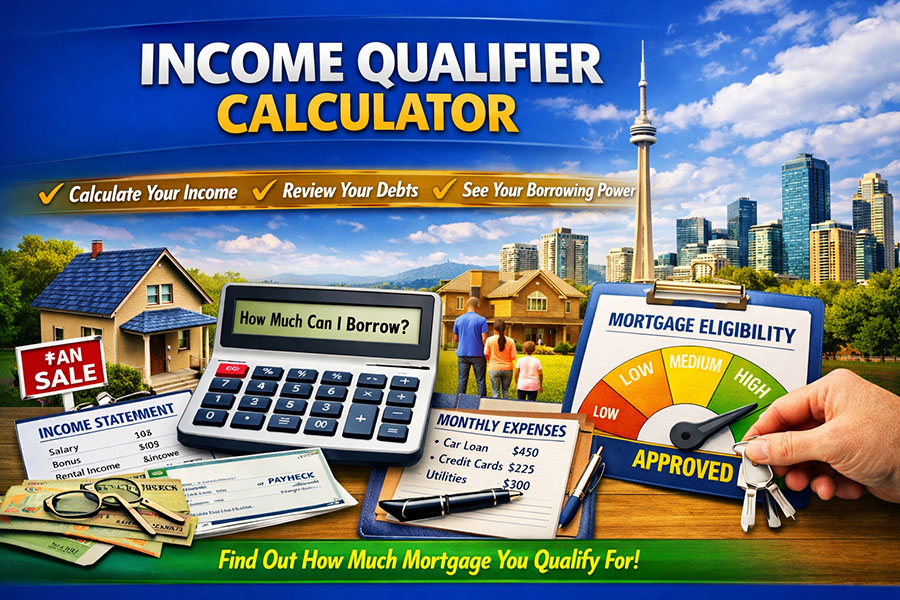 Banner for the Income Qualifier Calculator page showing “How Much Can I Borrow?” on a calculator screen, with income documents, a paycheck stub, debt figures, and a gauge labeled “Mortgage Eligibility” pointing to “Approved,” set against the Toronto skyline with the CN Tower.
