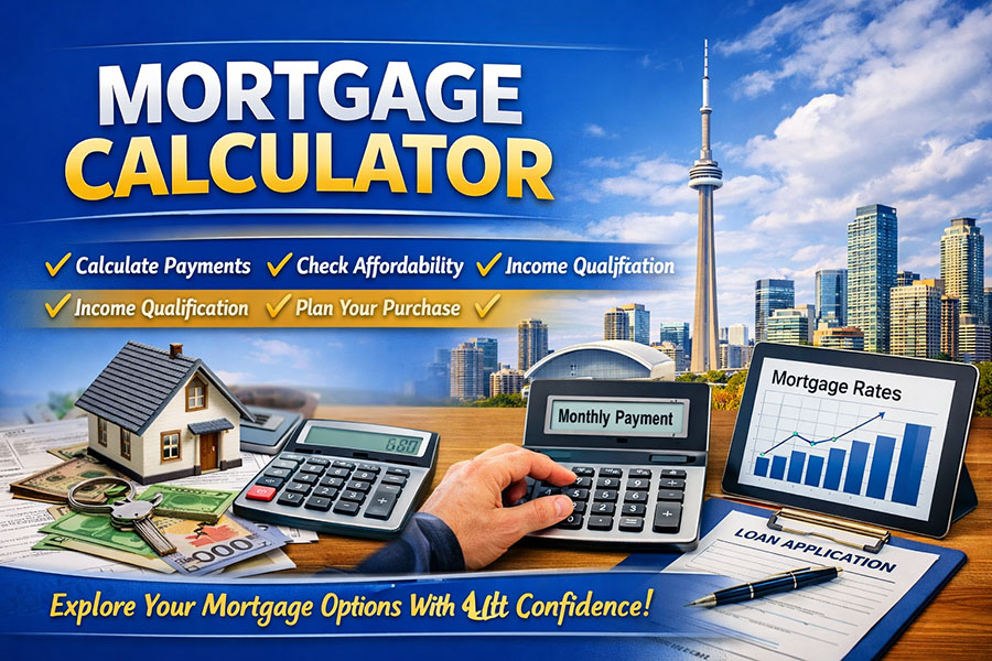 Mortgage calculator banner showing a miniature house, Canadian banknotes, a calculator, keys, and financial documents on the left, with a hand using a calculator and a tablet displaying mortgage rate charts on the right, set against the Toronto skyline with the CN Tower.