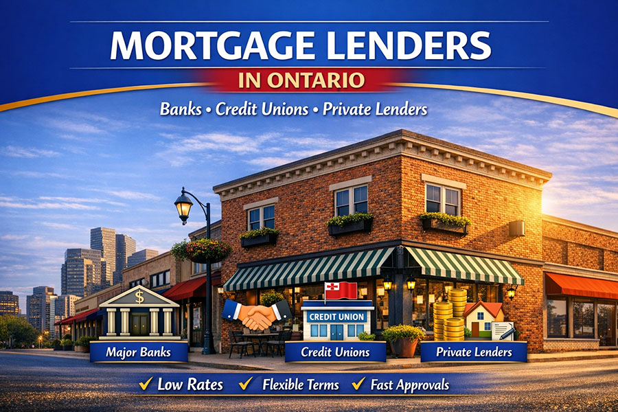 Digital banner promoting mortgage lenders in Ontario. The image features a two‑story red‑brick mixed‑use building with a storefront and apartments above, set against a bright cityscape. Text reads “Mortgage Lenders in Ontario” with subtext “Banks • Credit Unions • Private Lenders.” Three icons represent major banks, credit unions, and private lenders, each labeled accordingly. A blue banner at the bottom lists benefits: “Low Rates,” “Flexible Terms,” and “Fast Approvals.”