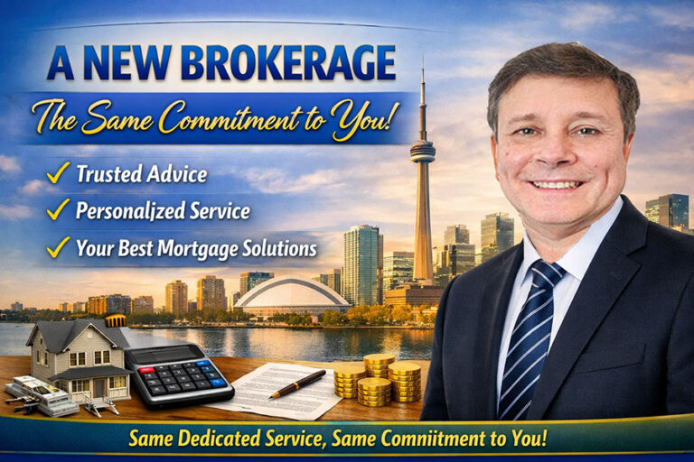 Professional banner showing a smiling mortgage agent in front of the Toronto skyline, with warm blue and gold tones symbolizing trust and continuity during a brokerage transition.