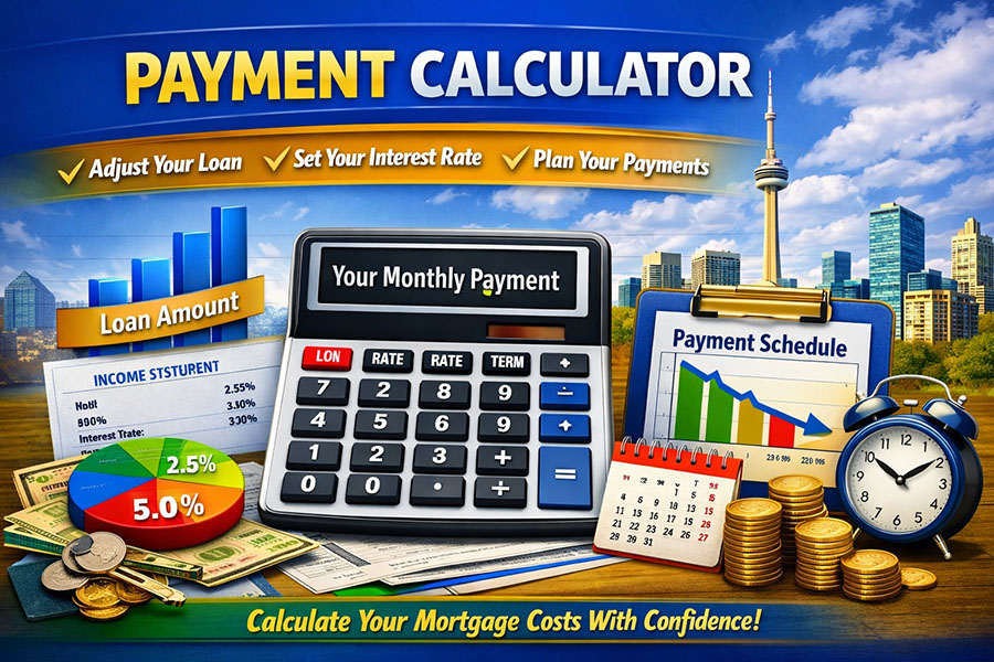 Banner for the Payment Calculator page showing a calculator with “Your Monthly Payment” on its screen, surrounded by charts, graphs, coins, and a clipboard labeled “Payment Schedule,” set against the Toronto skyline with the CN Tower.