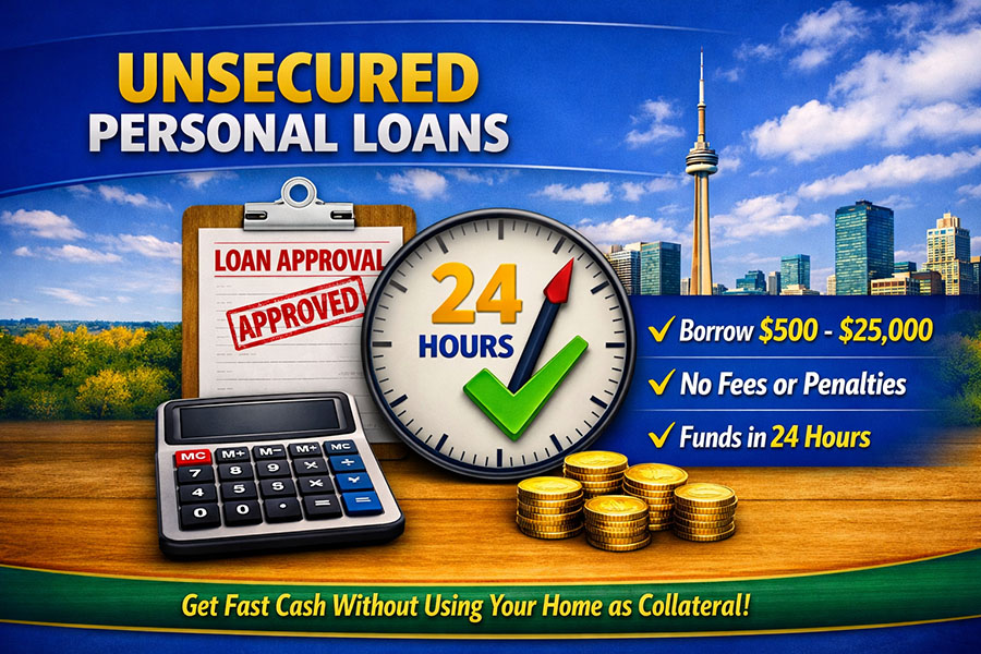 Banner for Unsecured Personal Loans showing a loan approval form stamped “Approved,” a 24‑hour clock with a green checkmark, and qualification highlights such as borrowing $500–$25,000, no fees, and fast funding, set against the Toronto skyline with the CN Tower.