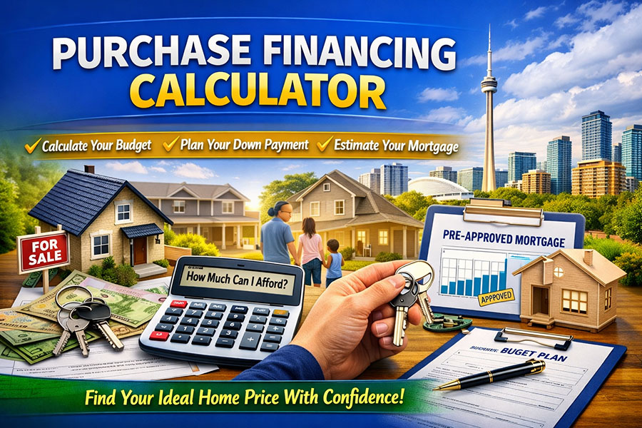 Banner for the Purchase Financing Calculator page showing a model house with a “For Sale” sign, Canadian banknotes, a calculator displaying “How Much Can I Afford?”, and a clipboard labeled “Pre‑Approved Mortgage,” set against the Toronto skyline with the CN Tower and a family viewing their new home.