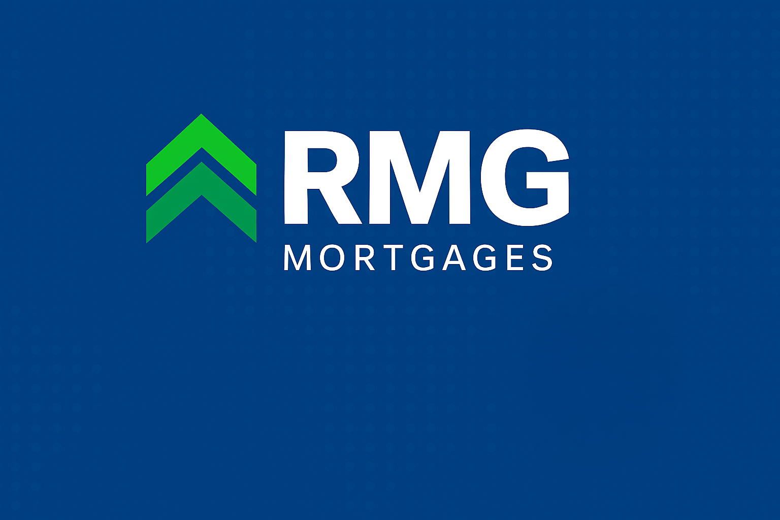 Logo for RMG Mortgages displayed on a blue background, featuring two green upward‑pointing chevrons beside the bold white text “RMG” and the smaller white text “Mortgages” underneath.