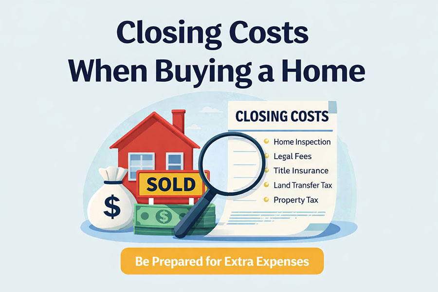 Infographic showing a house, money bag, and receipt labeled “Closing Costs” with items like home inspection, legal fees, and land transfer tax—visual guide for homebuyers in Ontario.