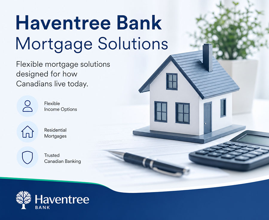 Modern miniature house model beside calculator and documents, representing Haventree Bank flexible mortgage solutions for Canadians.
