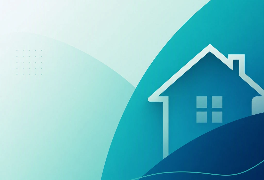 Minimal abstract mortgage feature image with teal and blue gradient shapes and subtle home‑related iconography.