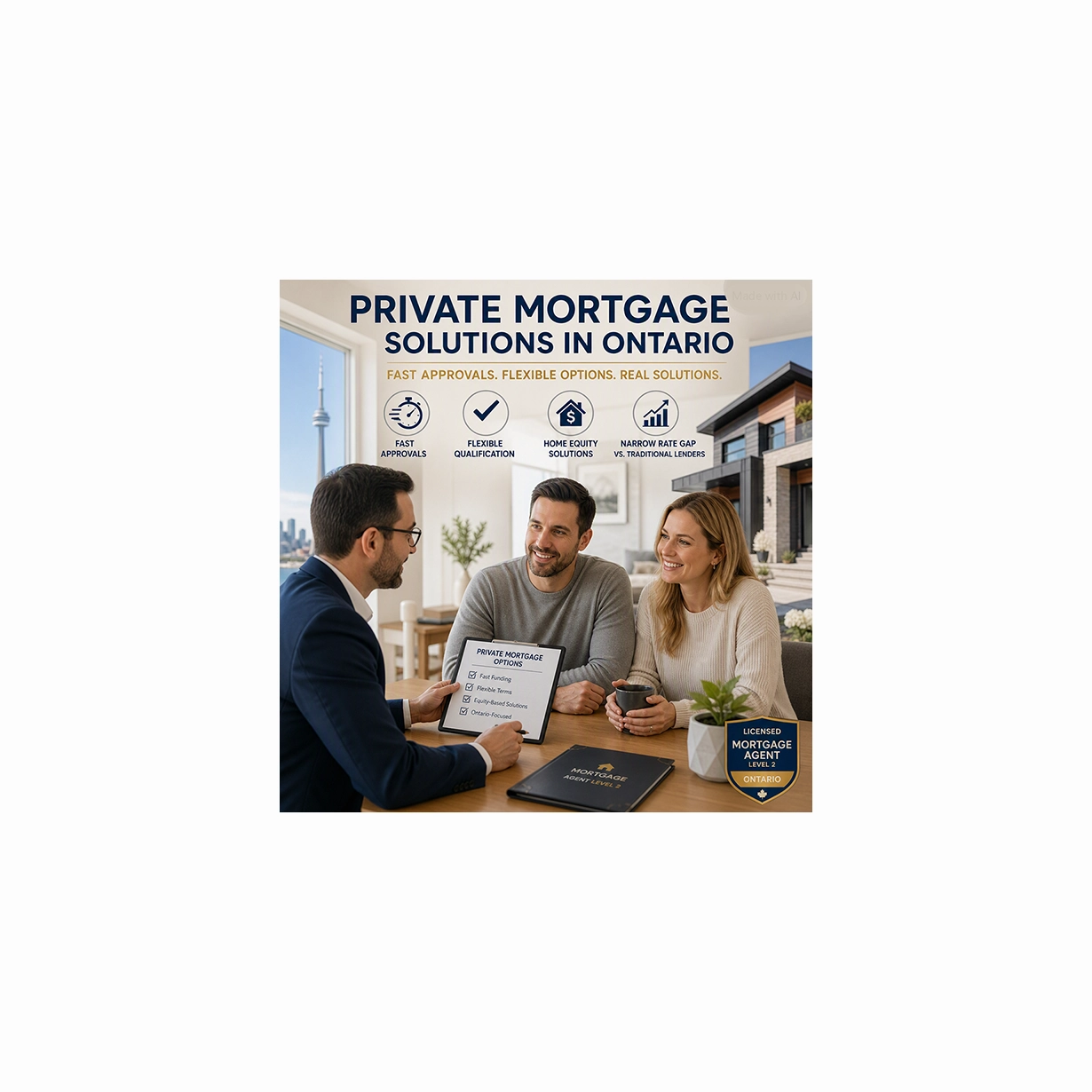 Ontario homeowners meeting with a licensed Mortgage Agent Level 2 to review flexible private mortgage options for fast home financing.